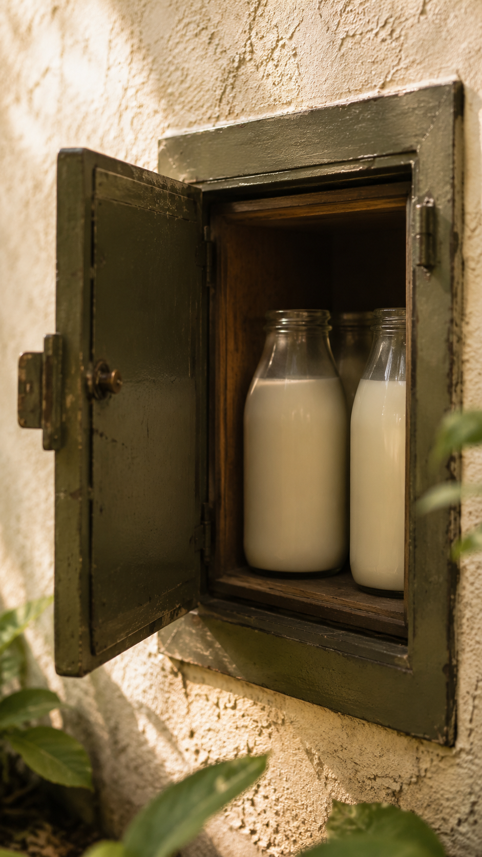 Botellas de leche dentro de un antiguo compartimento de reparto