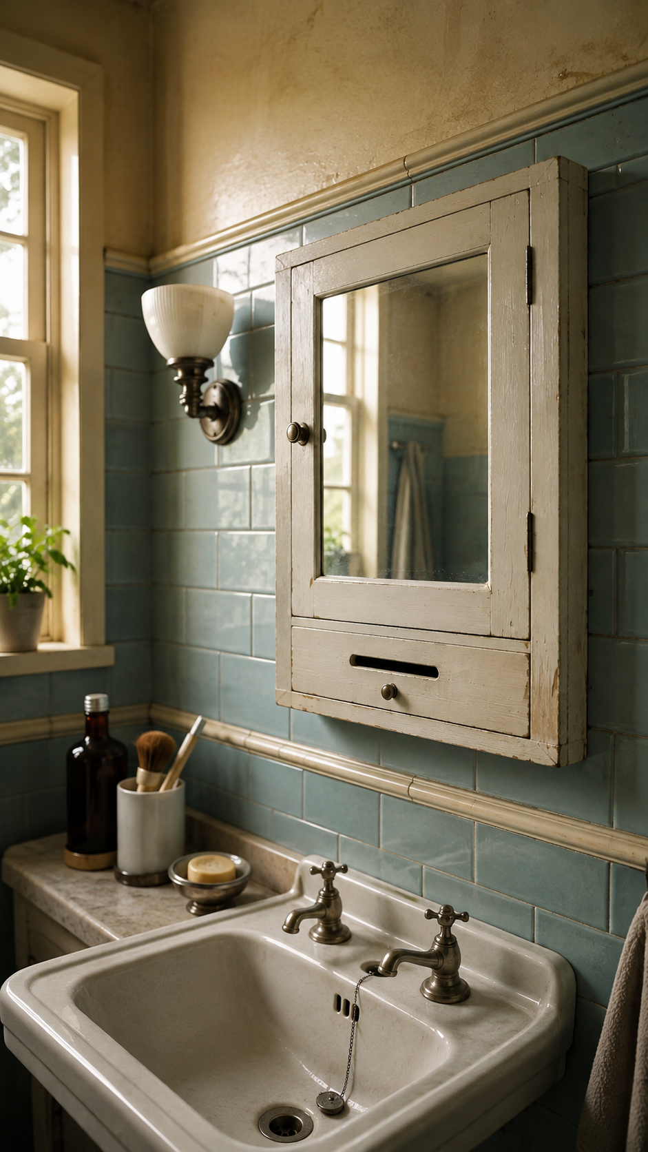 Baño antiguo de estilo vintage donde se encontraba un botiquín con ranura para cuchillas