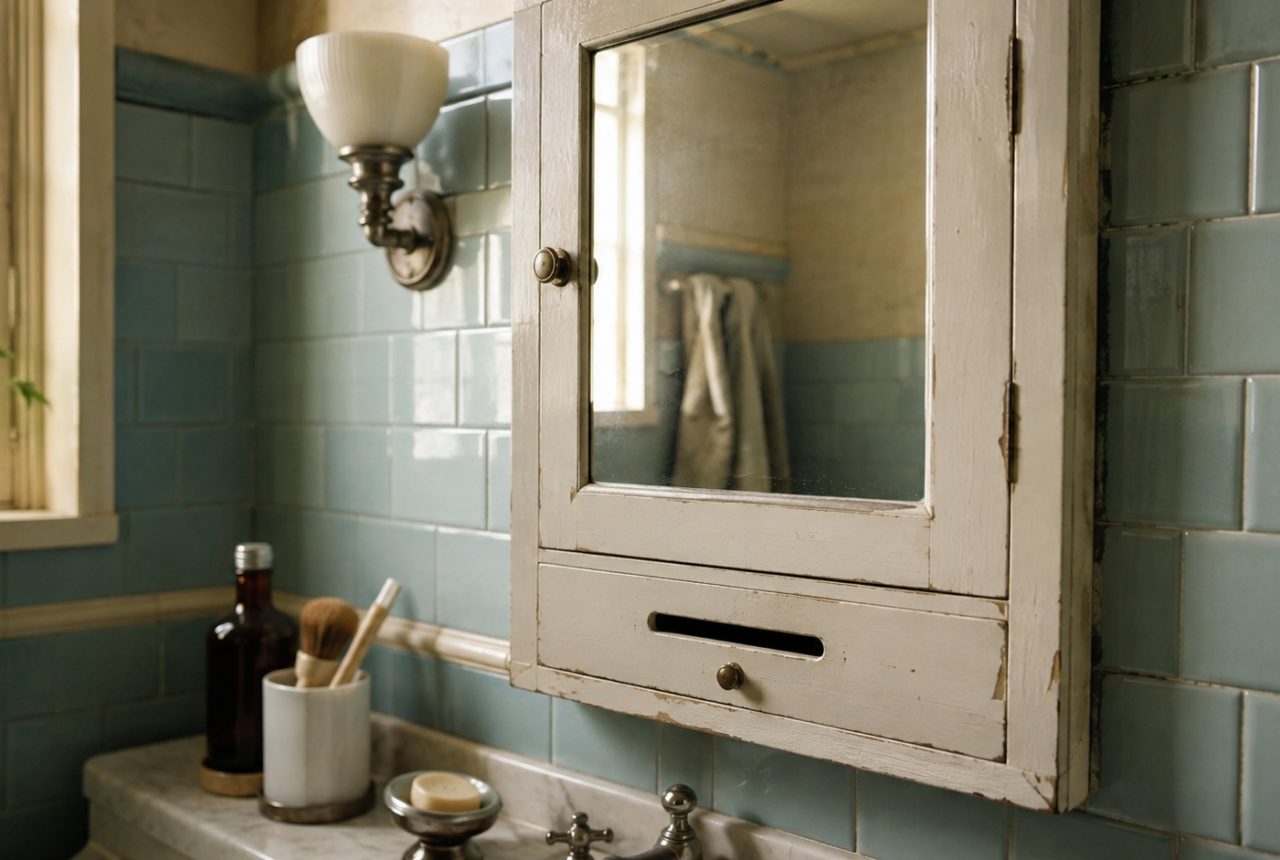 Baño antiguo con botiquín empotrado y azulejos de estilo retro