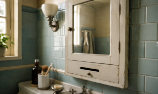 Baño antiguo con botiquín empotrado y azulejos de estilo retro