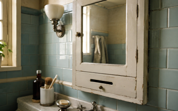 Baño antiguo con botiquín empotrado y azulejos de estilo retro