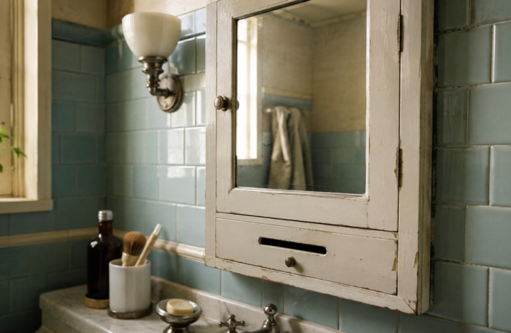 Baño antiguo con botiquín empotrado y azulejos de estilo retro