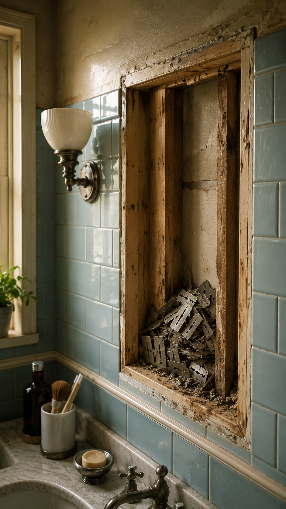Hueco de pared de un baño antiguo lleno de cuchillas de afeitar acumuladas