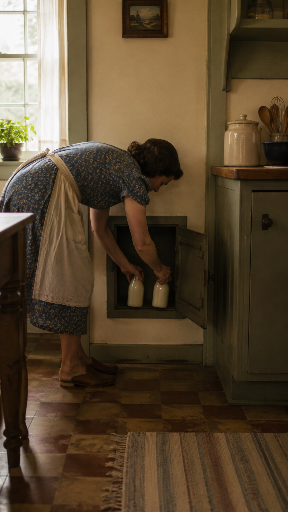 Recreación de una familia recogiendo botellas desde la puerta interior de la cocina