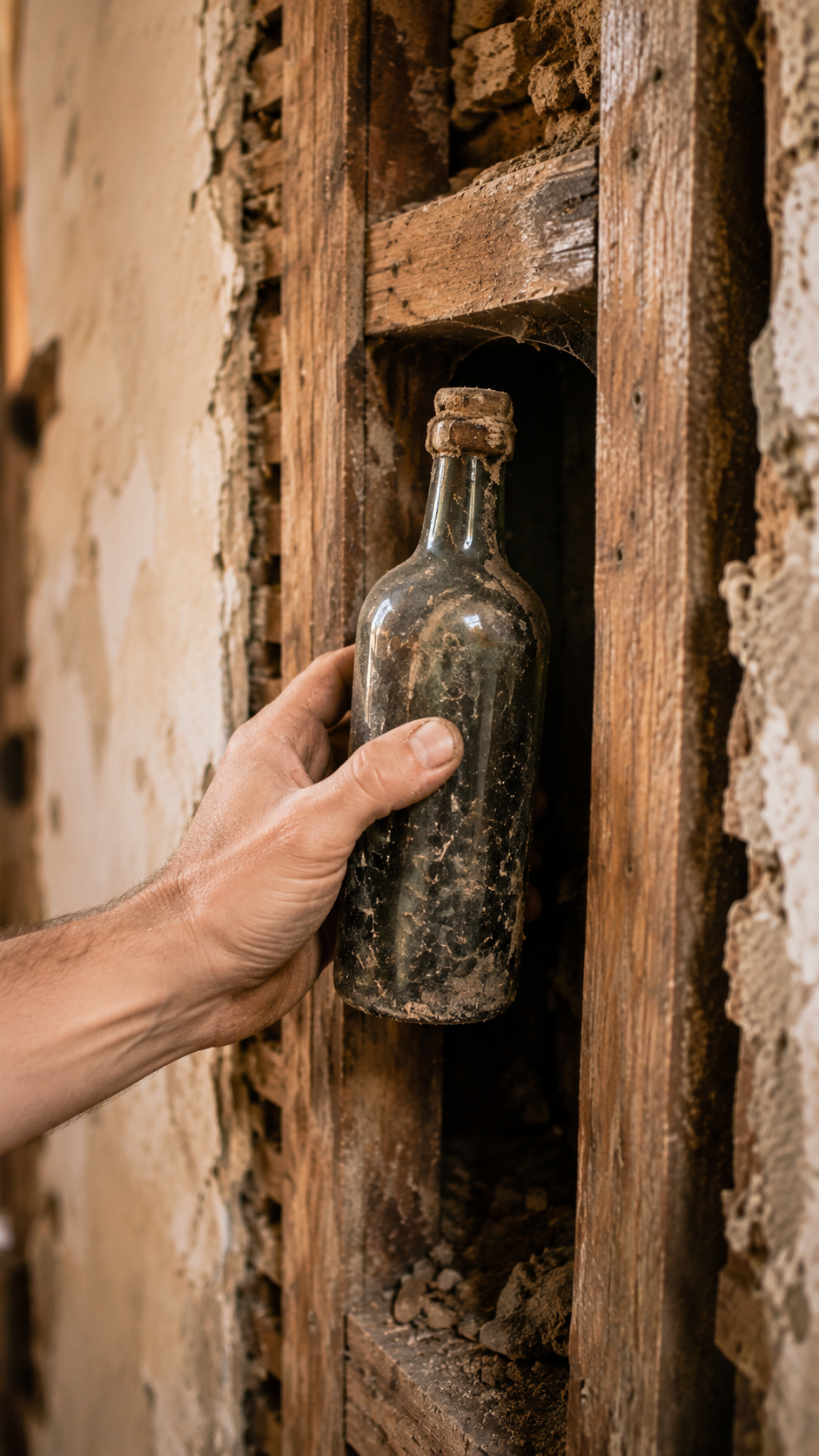 Descubrimiento de una botella antigua sellada oculta dentro de una pared