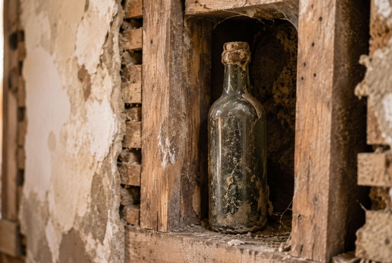 Botella antigua sellada encontrada en el interior de una pared durante una reforma
