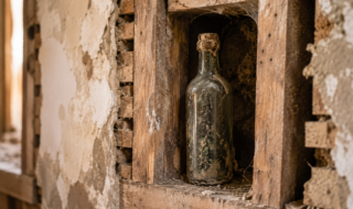 Botella antigua sellada encontrada en el interior de una pared durante una reforma