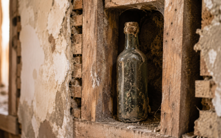 Botella antigua sellada encontrada en el interior de una pared durante una reforma