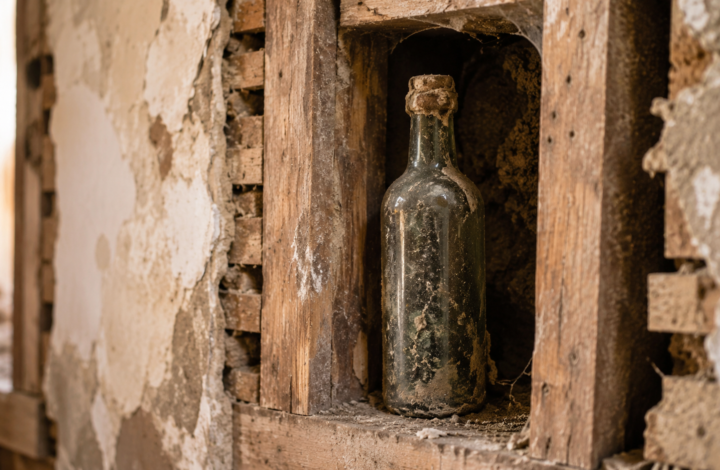 Botella antigua sellada encontrada en el interior de una pared durante una reforma
