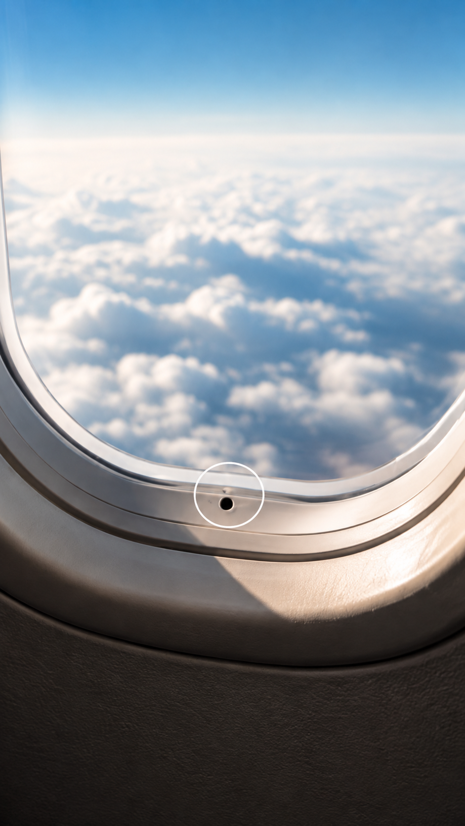 Primer plano del pequeño bleed hole o breather hole situado en una de las capas de una ventana de avión