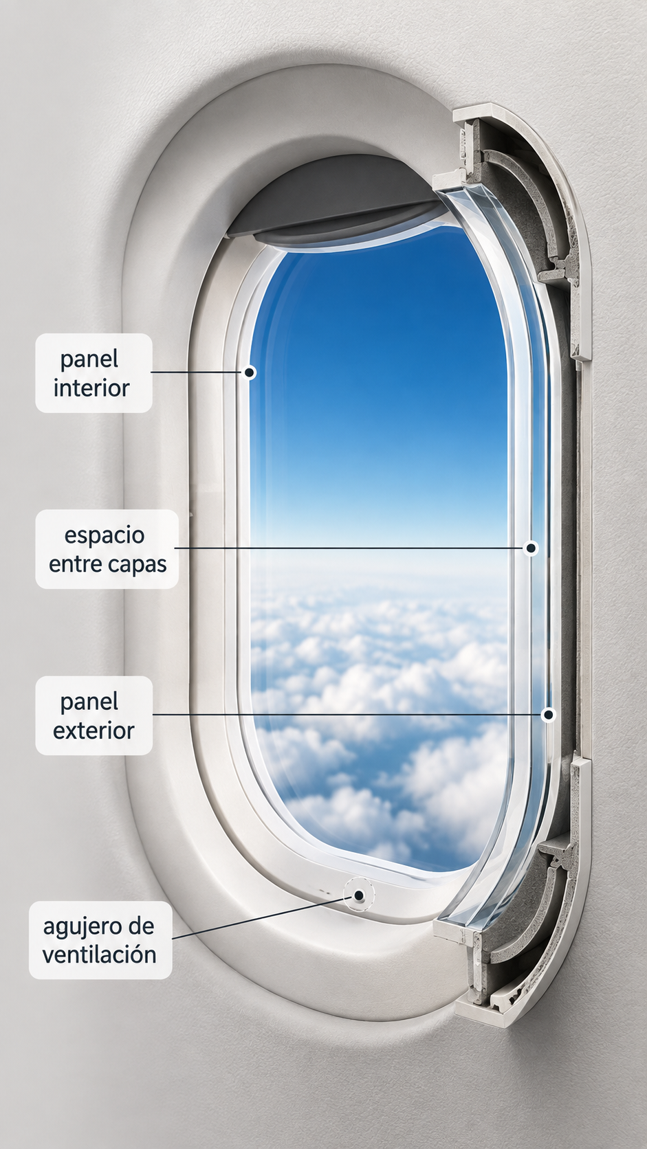 Ilustración explicativa en corte de las distintas capas de una ventana de avión y su pequeño orificio de ventilación