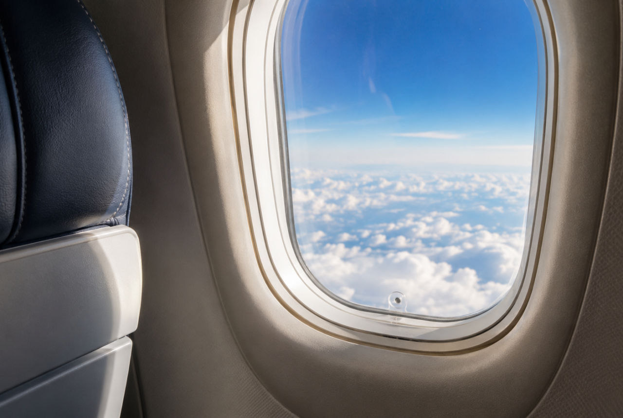 Ventana de un avión sobre las nubes con el pequeño orificio de ventilación visible en la parte inferior
