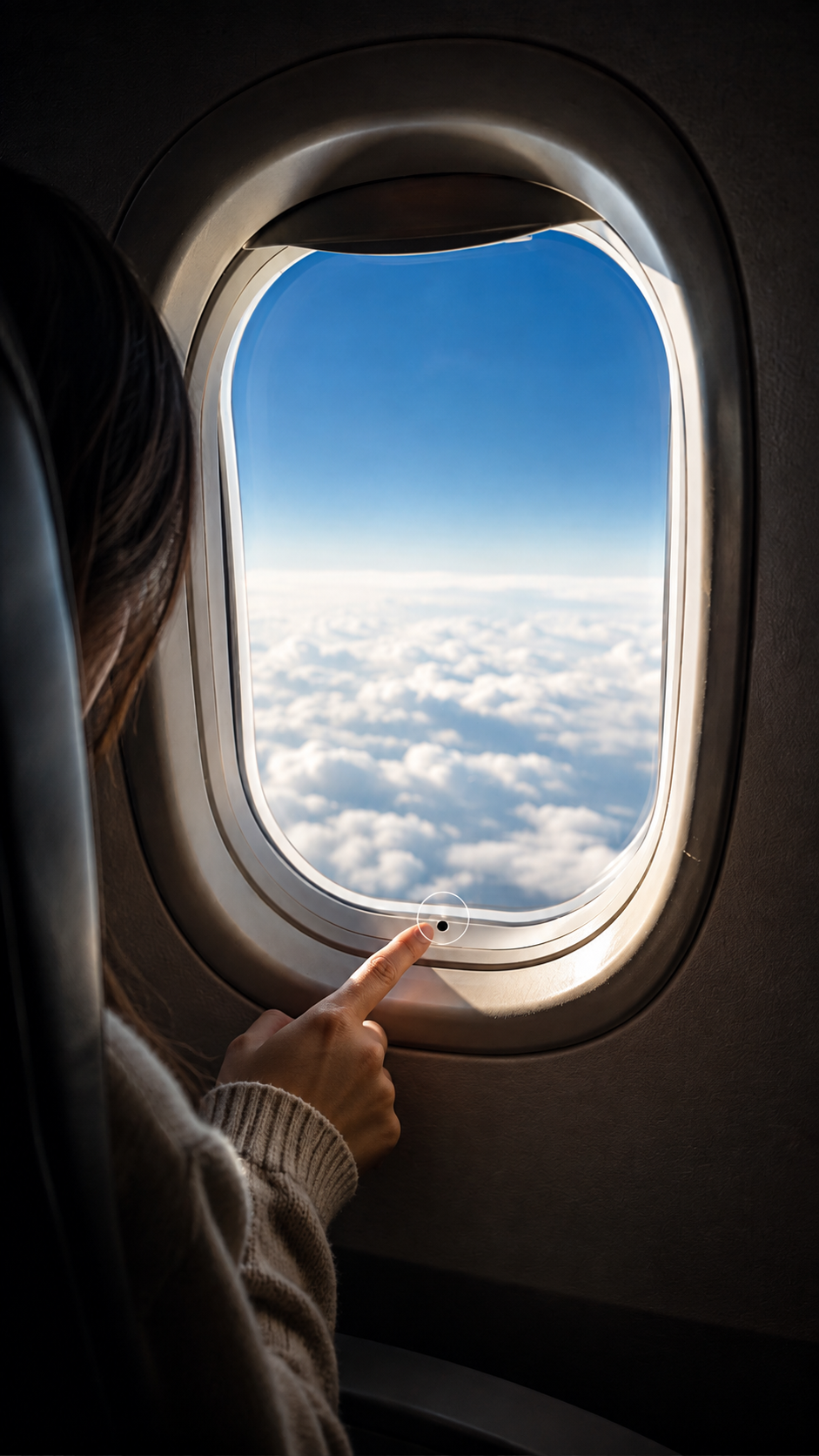 Pasajera señalando el pequeño orificio visible en la parte inferior de una ventana de avión durante el vuelo