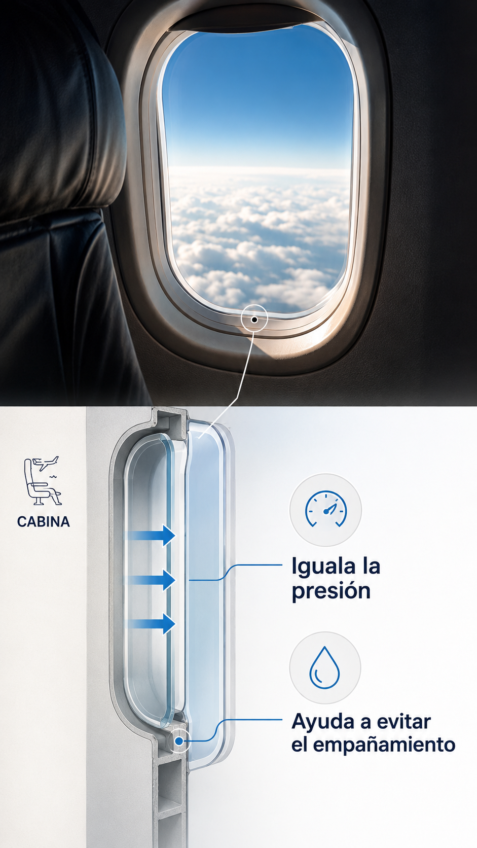 Ilustración que muestra cómo el pequeño orificio permite igualar la presión en el espacio entre las capas de una ventana de avión