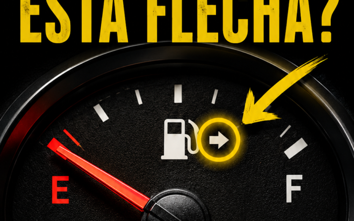Cuadro de instrumentos del coche con una pequeña flecha junto al símbolo del combustible