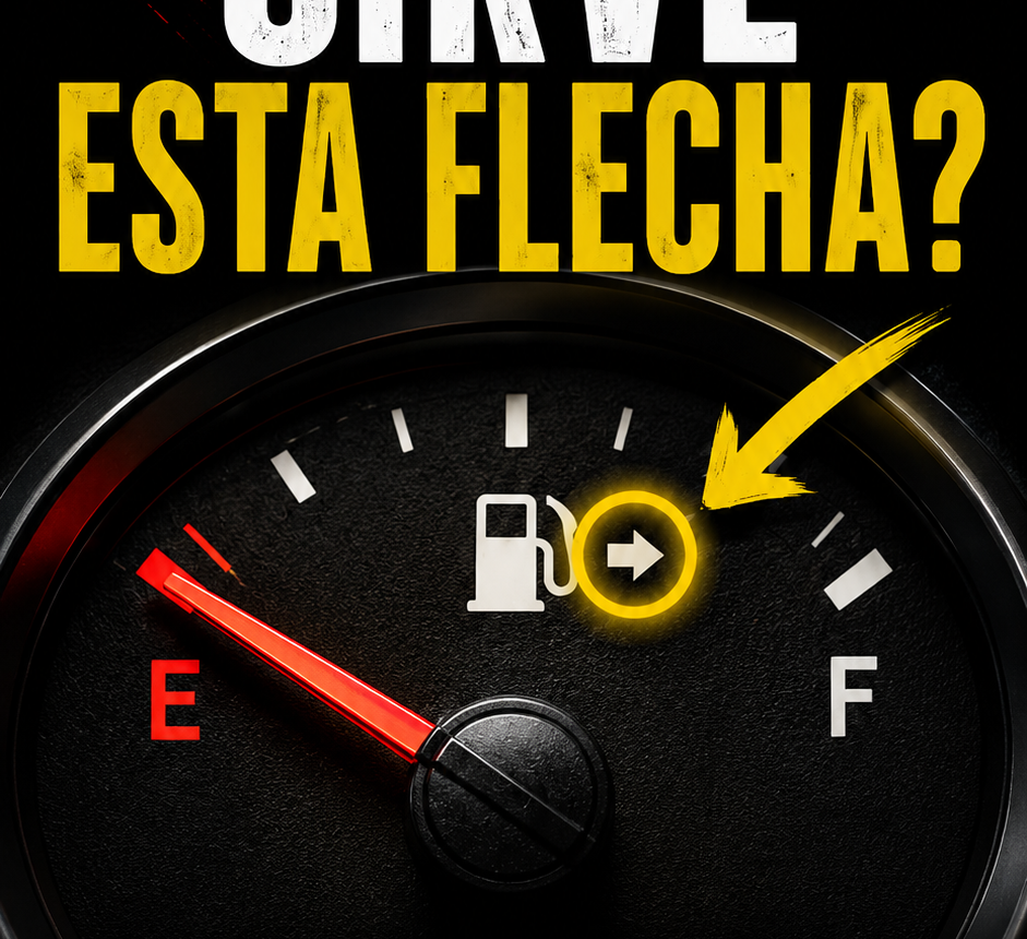 Cuadro de instrumentos del coche con una pequeña flecha junto al símbolo del combustible